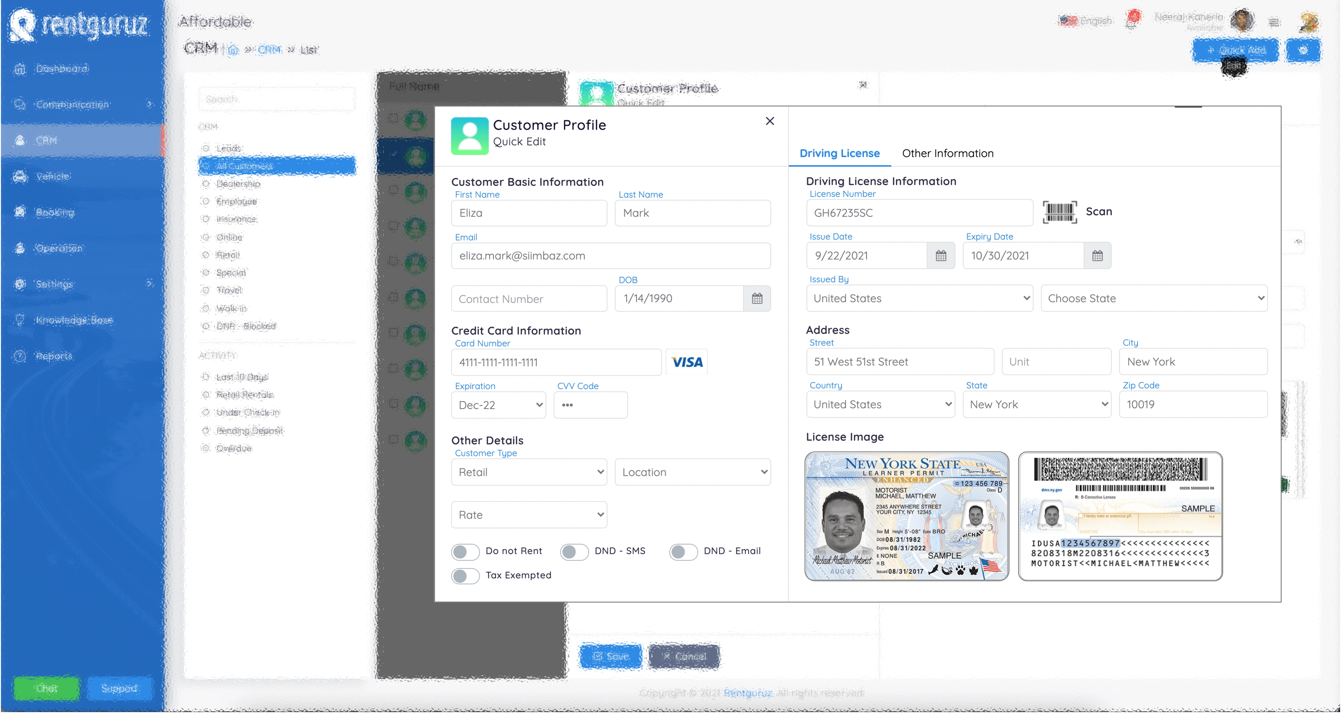 Rental business management software interface with customer master and document verification